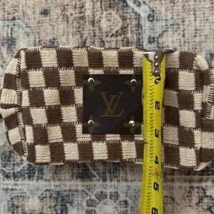 Brown & Cream Checkered Cosmetic Pouch with Monogram Patch